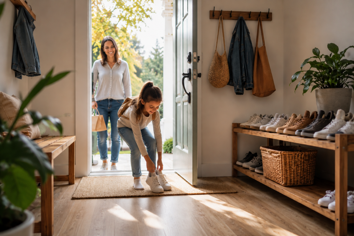 Mother and daughter creating a healthier home on a budget with a shoes-off entryway system and organized mudroom space